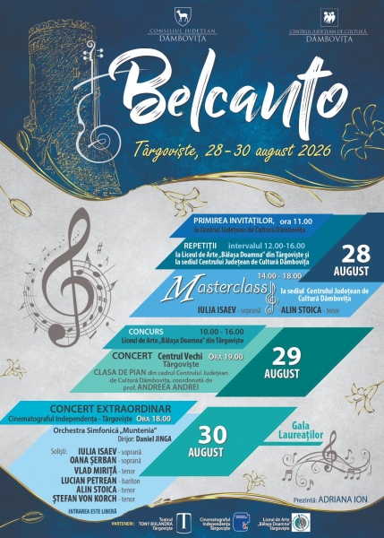 În perioada 28–30 august 2026, la Târgoviște va avea loc cea de-a V-a ediție a Festivalului–Concurs Național de Muzică Clasică „Belcanto”